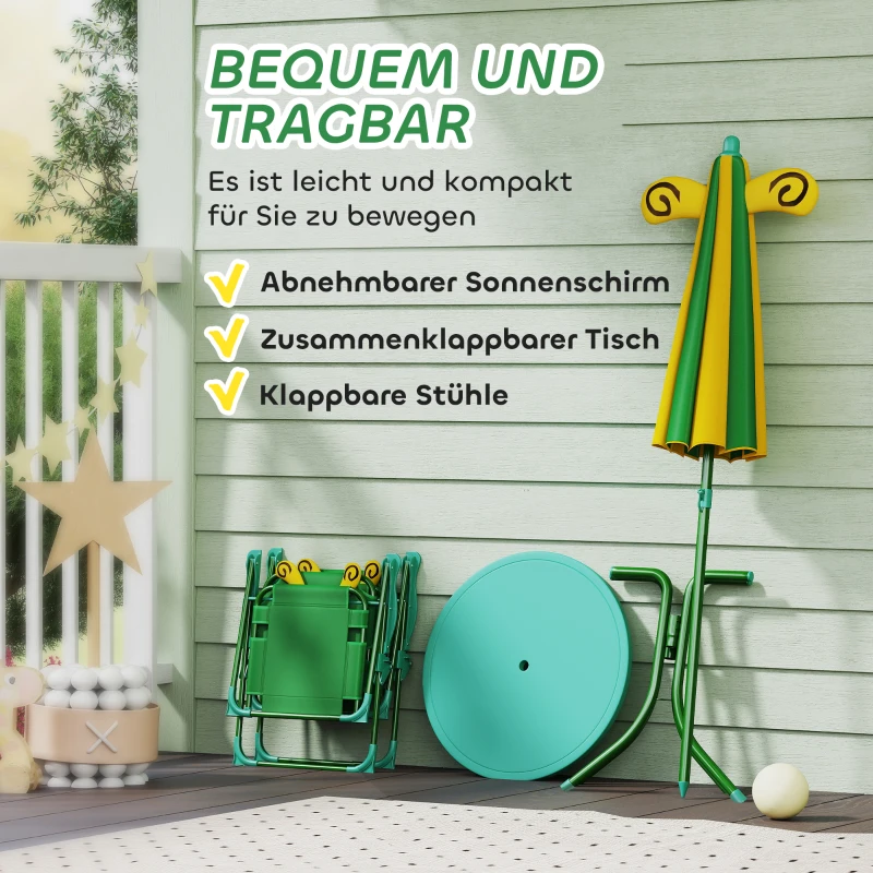 AIYAPLAY Tuinmeubelset voor Kinderen, Stoelen, Tafel, Parasol met Bijenontwerp, Groen+Geel