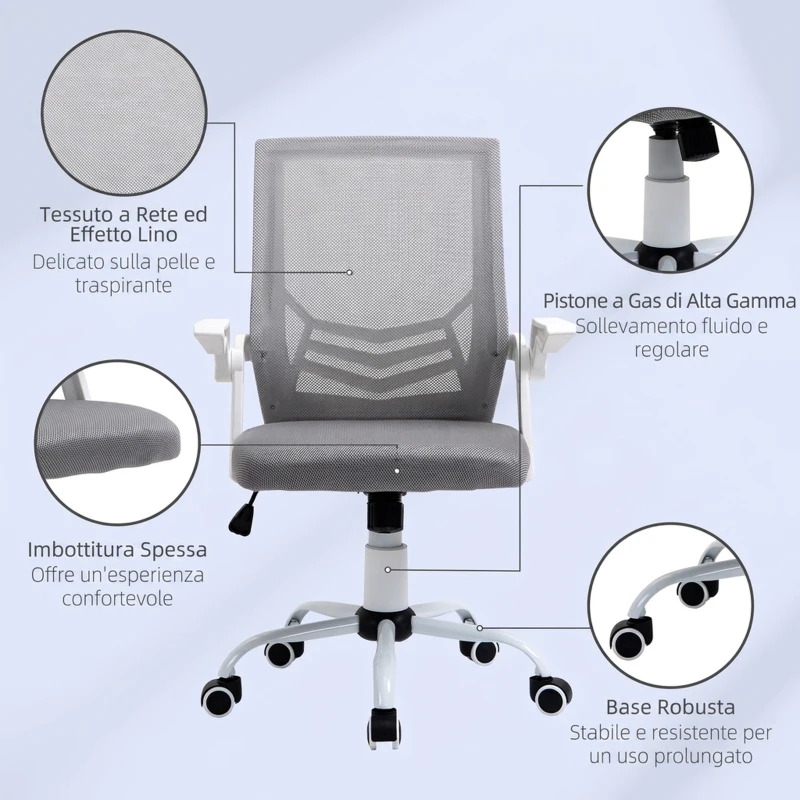 Vinsetto Sedia da Ufficio Ergonomica con Braccioli e Supporto Lombare, in Tessuto Effetto Lino, 62.5x55x94-104 cm, Grigia