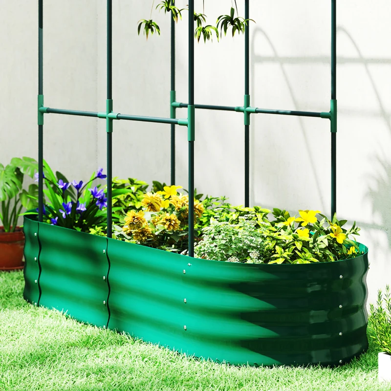 Outsunny Galvanised Raised Garden Bed with Arched Trellis, 4 x 2 x 4.6ft Metal Raised Bed for Garden with Open Bottom, Green