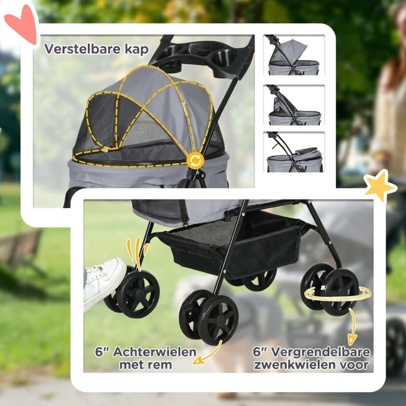 PawHut opvouwbare hondenbuggy grijs 67 x 45 x 96 cm