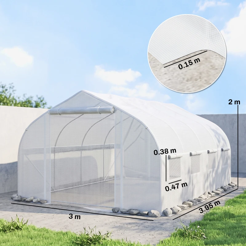 Outsunny Seră de Grădină 4x3m tip Tunel cu Acoperire din PE, Ușă și 8 Ferestre Rulabile, Alb(m-3)