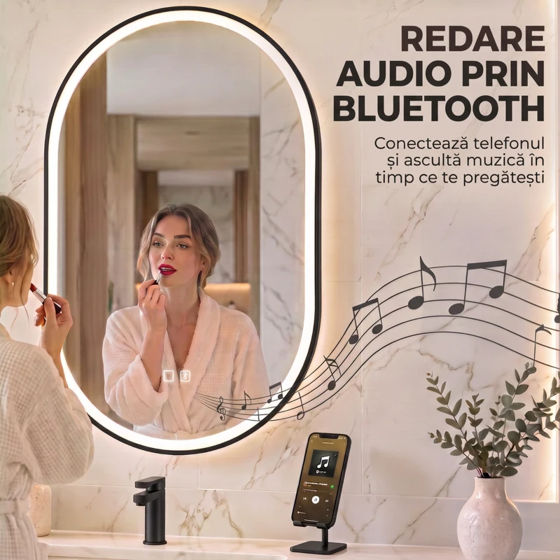 HOMCOM Oglindă de Baie Ovală cu LED 70x100 cm, Bluetooth, Memorie, Butoane Tactile, Antiaburire