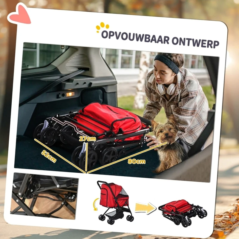 PawHut Hondenbuggy Hondenwagen voor kleine honden Katten Dierenwagen Oxford Rood