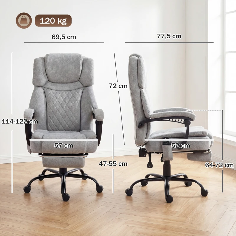 HOMCOM Hoge rug massage-bureaustoel met vibratie, warmtefunctie, verstelbare rugleuning, voetensteun, afstandsbediening, grijs
