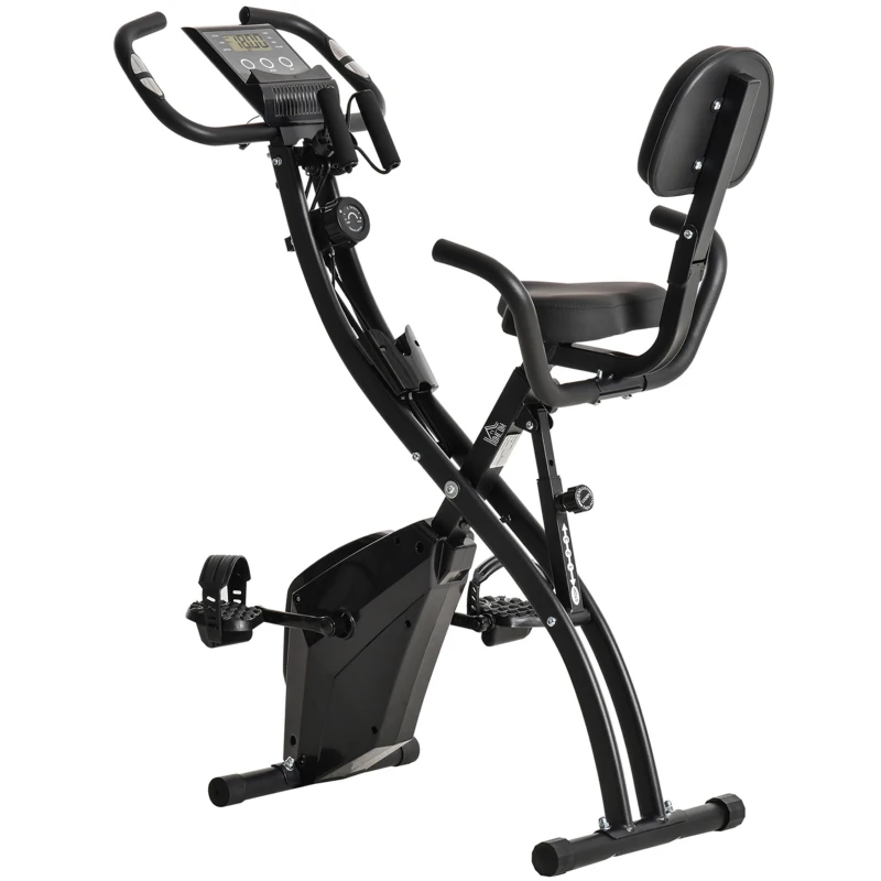 HOMCOM Bicicleta Estática Plegable 3 en 1 con Respaldo y 8 Niveles Resistencia Magnética, Bicicleta Estática en Casa Ajustable con Monitor LCD Volante Bandas Sensor de Pulso Soporte de Teléfono Negro