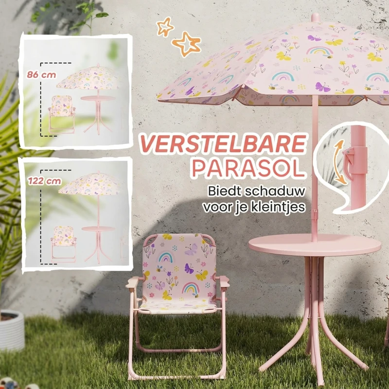 AIYAPLAY Kinderhoekje, Opvouwbare Stoelset met Parasol, Vrolijk Patroon, Roze