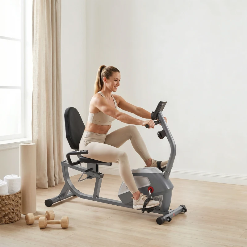HOMCOM hometrainer fietstrainer vliegwiel hometrainer met 8 niveaus verstelbare magnetische weerstand verstelbare lengte magnetische weerstand wielen metaal ABS grijs + zilver 136 l x 62,5 b x 38 h cm(m-8)