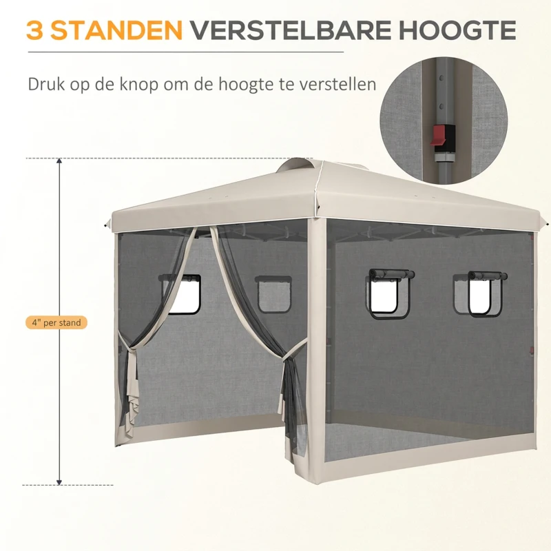 Outsunny Opvouwbare paviljoen met verstelbare hoogte, netgordijnen, draagtas, metalen frame, 3 x 3 x 3 m, Beige