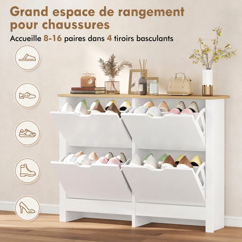 HOMCOM Meuble à chaussures 16 paires, armoire à chaussures étroite avec 4 tiroirs rabattables et étagères réglables
