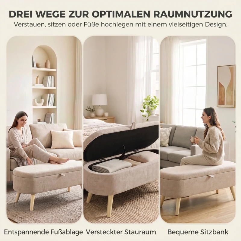 HOMCOM Aufbewahrungsbank aus Sherpa-Fleece Sitzbank mit Stauraum mit Holzbeinen in Beige