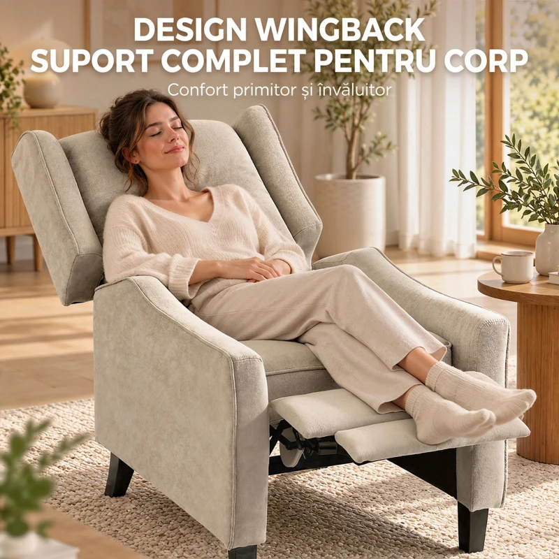 HOMCOM Fotoliu Recliner Manual 155° cu Suport pentru Picioare, Șezut Gros, Material Tip In, Maro Deschis