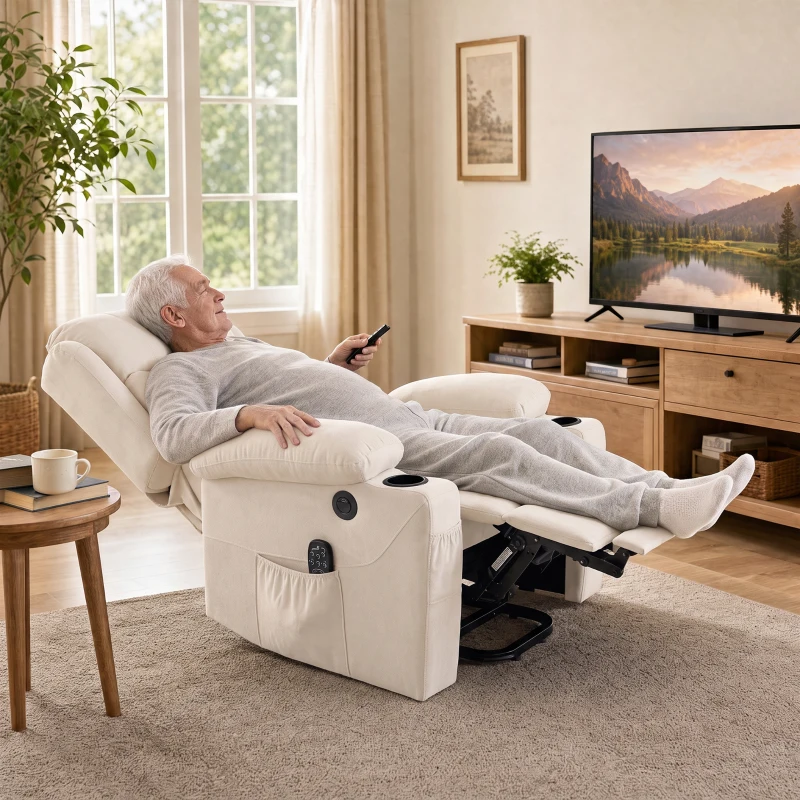 HOMCOM Sillón Relax Reclinable Eléctrico Levanta Personas con 8 Puntos Masaje y Calor Lumbar Puerto USB Mando Reposapiés Crema