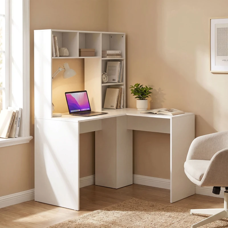 HOMCOM Escritorio Esquinero con Estantería, 108 cm, Color Blanco