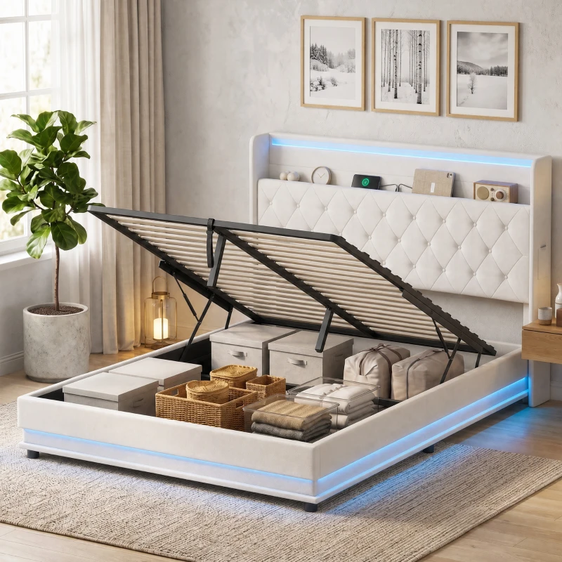 HOMCOM 5ft King Bed Frame with Headboard, Platform Bed Frame with Hydraulic Storage, LED Lights and Charging Station, White