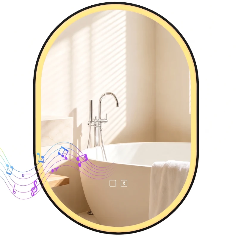 HOMCOM Oglindă de Baie Ovală cu LED 70x100 cm, Bluetooth, Memorie, Butoane Tactile, Antiaburire