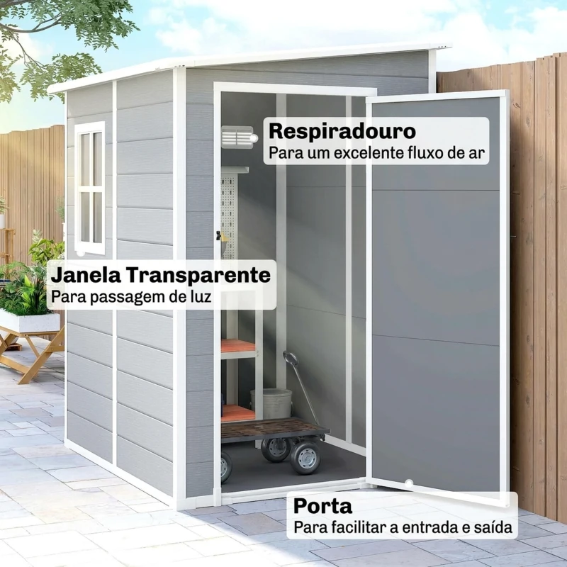 Outsunny Abrigo de Jardim em Resina com Piso, Porta com Trinco, Fechadura, Janela e Teto Inclinado, Cinzento