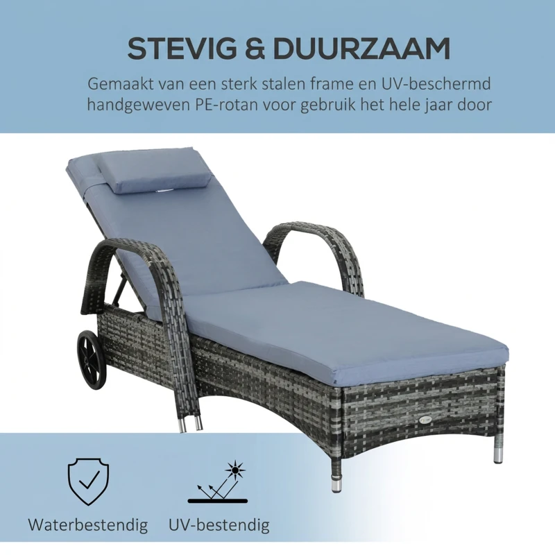 Outsunny poly-rotan ligbank ligstoel rotan ligstoel tuinmeubel mobiel grijs