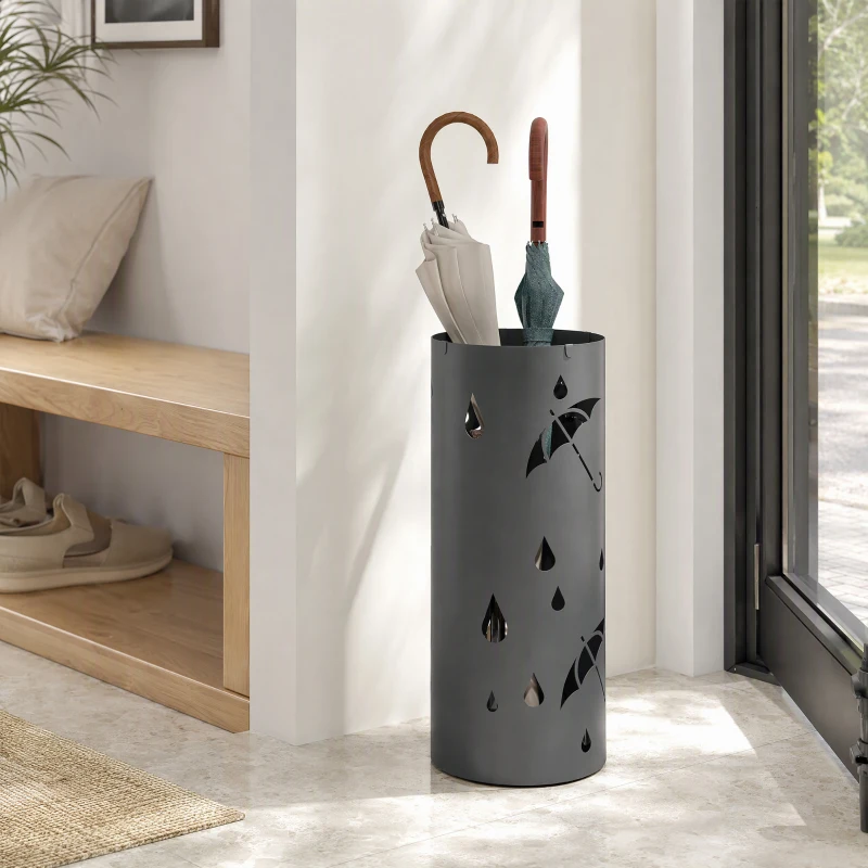 HOMCOM Freestanding Umbrella Stand for Hallway, Round Umbrella Basket with 4 Hooks and Drip Tray for Entryway, Dark Grey