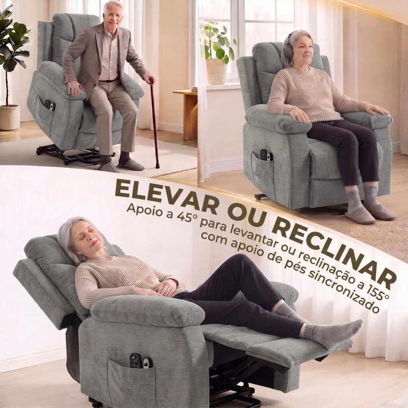 HOMCOM Cadeirão Relax Reclinável Elétrico Elevatório com 8 Pontos de Massagem, Calor Lombar, USB, Comando e Apoio para os Pés, Cinzento