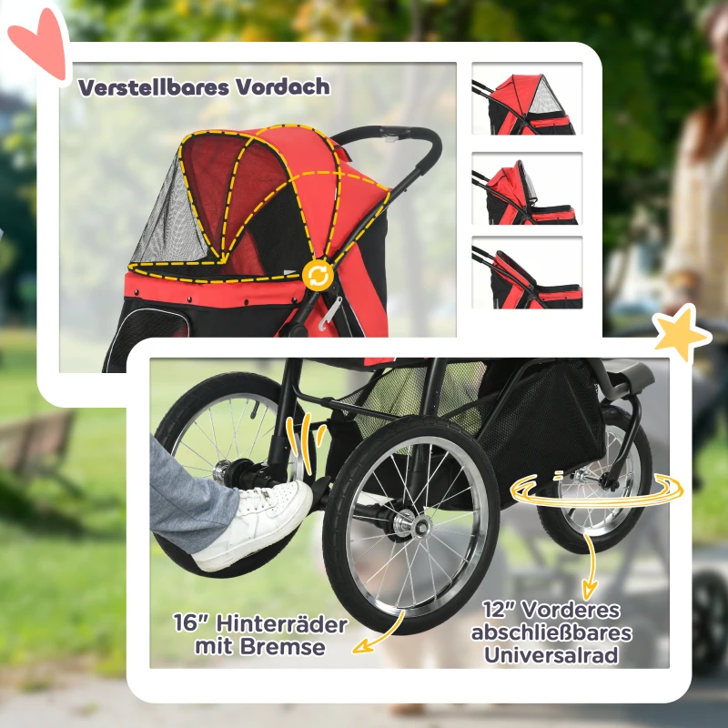 PawHut Opvouwbare hondenwagen met zonbescherming, netvensters en opbergmand - Rood, 111 x 58 x 107 cm(m-7)