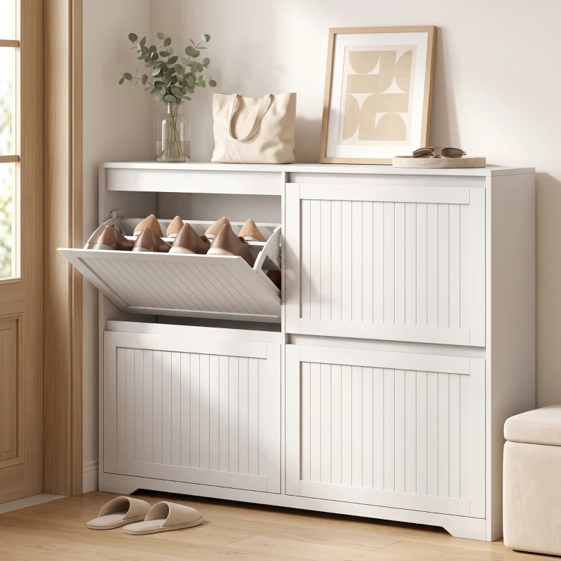 HOMCOM Pantofar slim cu 4 uși rabatabile, pentru 16 perechi, rafturi reglabile, 114,6x26x87,1 cm, alb