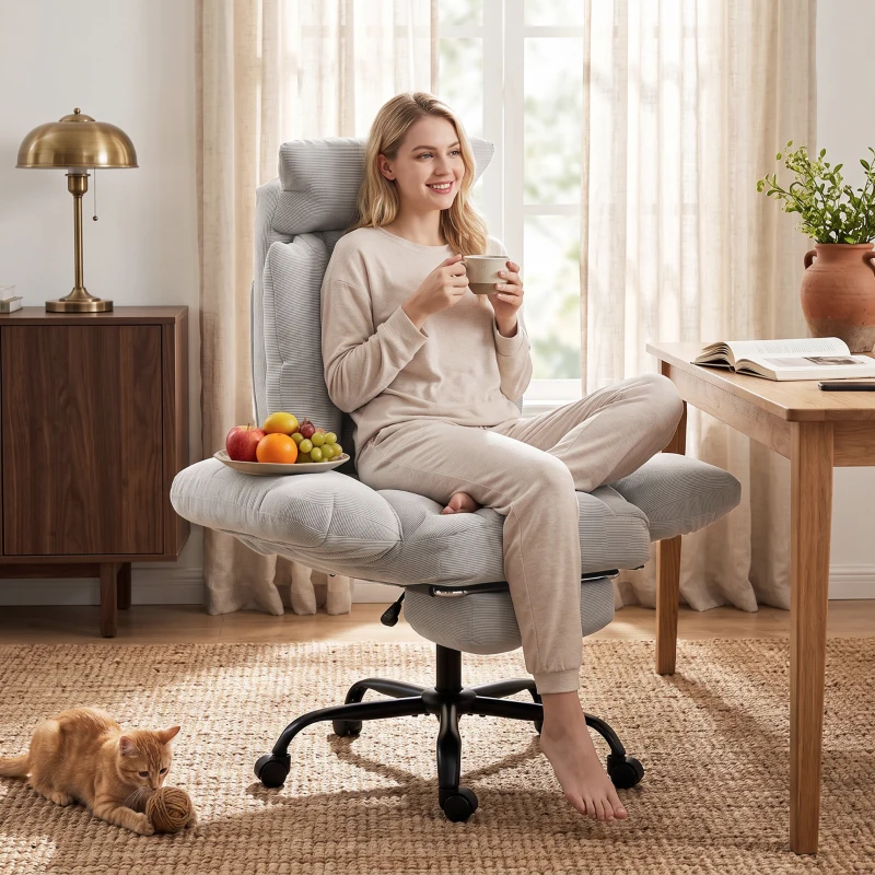 HOMCOM Executive Office Chair Height Adjustable Desk Chair Reclining Flip-up Armrest Footrest, Light Grey