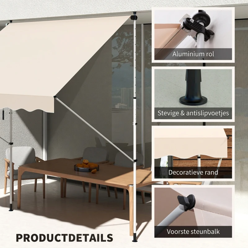 Outsunny luifel knikarm klemluifel zonwering zwengel balkon aluminium 3 x 1,5 m crème