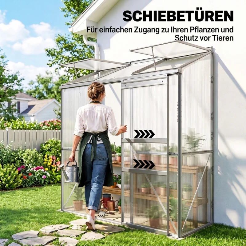 Outsunny Anlehngewächshaus, Schiebetür, Dachfenster, Polycarbonat+Aluminium, Farbe: Silber, 192 x 68 x 196 cm