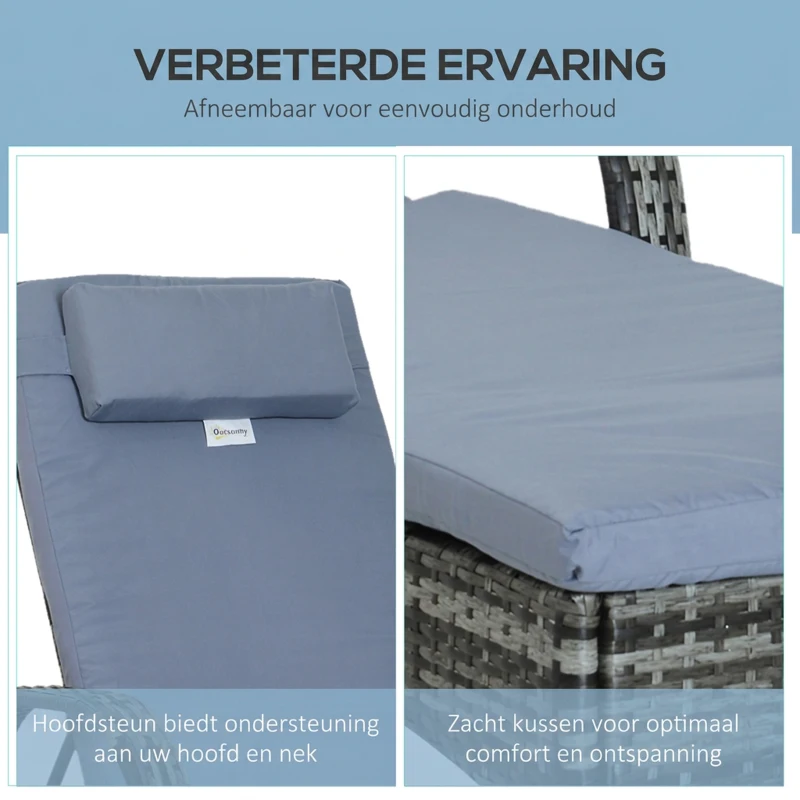 Outsunny poly-rotan ligbank ligstoel rotan ligstoel tuinmeubel mobiel grijs