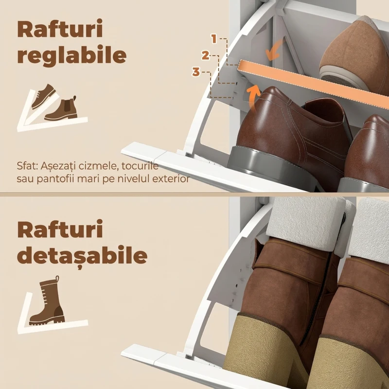 HOMCOM Pantofar slim cu 4 uși rabatabile, pentru 16 perechi, rafturi reglabile, 114,6x26x87,1 cm, alb
