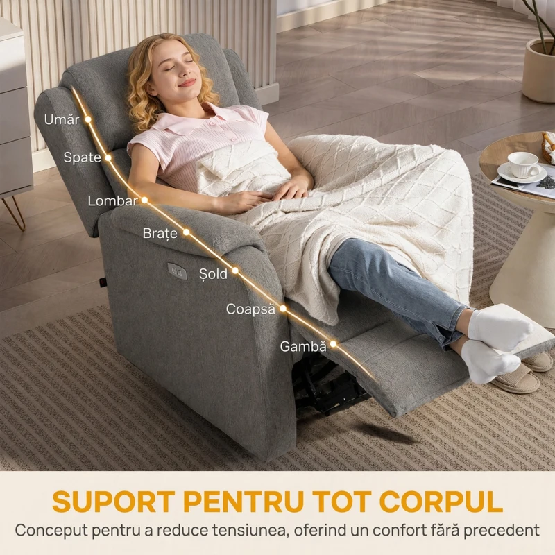 HOMCOM Fotoliu Relax Electric Reclinabil cu Port USB, Gri Închis