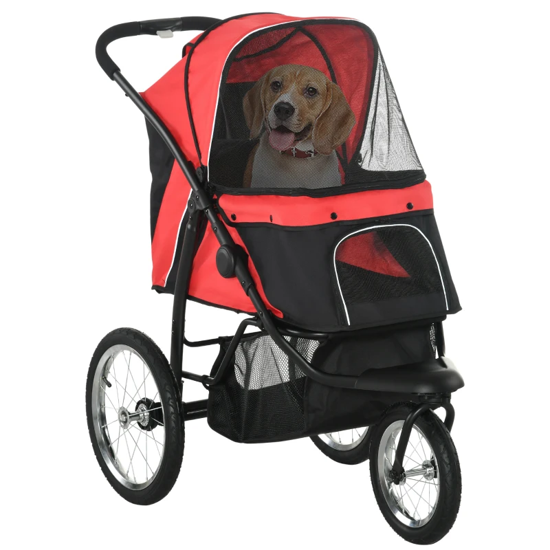PawHut Opvouwbare hondenwagen met zonbescherming, netvensters en opbergmand - Rood, 111 x 58 x 107 cm(m-11)