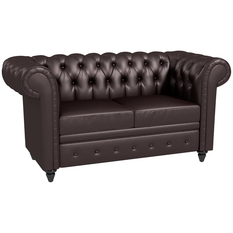 HOMCOM Canapea Chesterfield cu 2 locuri, cu pernă detașabilă, din piele ecologică, lemn și metal, 160x84x80 cm, maro(m-11)