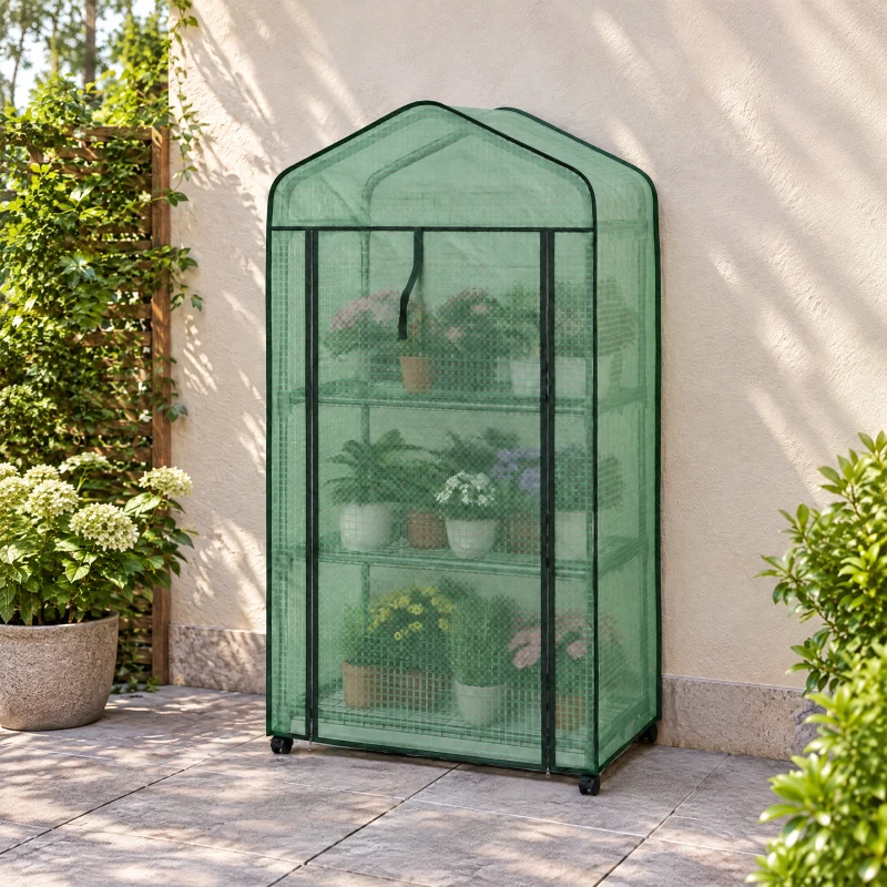 Outsunny Mini Serra da Giardino con Copertura in PE, 3 Ripiani e Ruote, 69x49x130cm, Verde