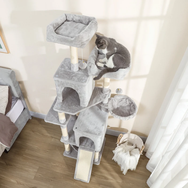 PawHut Arbre à chat tour de jeux pour chat 3 platesformes 2 niches 2 lits 2 hamacs 1 échelle hauteur 177 cm gris clair