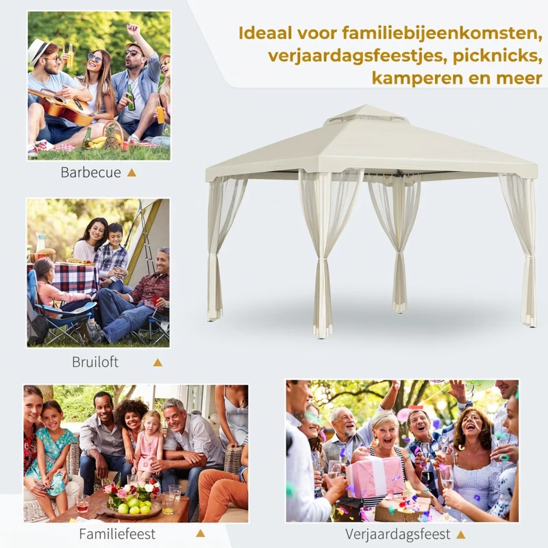 Outsunny tuinpaviljoen gazebo tuintent partytent met 4 x zijwand weerbestendig metaal + polyester crème wit 3 x 3 x 2.6 m(m-7)