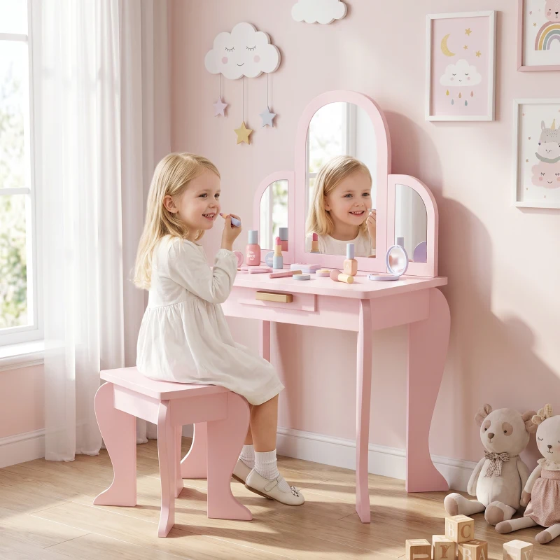 HOMCOM Toucador para Crianças com Espelho e Banco Toucador de Maquilhagem para Crianças de 3 a 6 Anos 52x32x85 cm Rosa