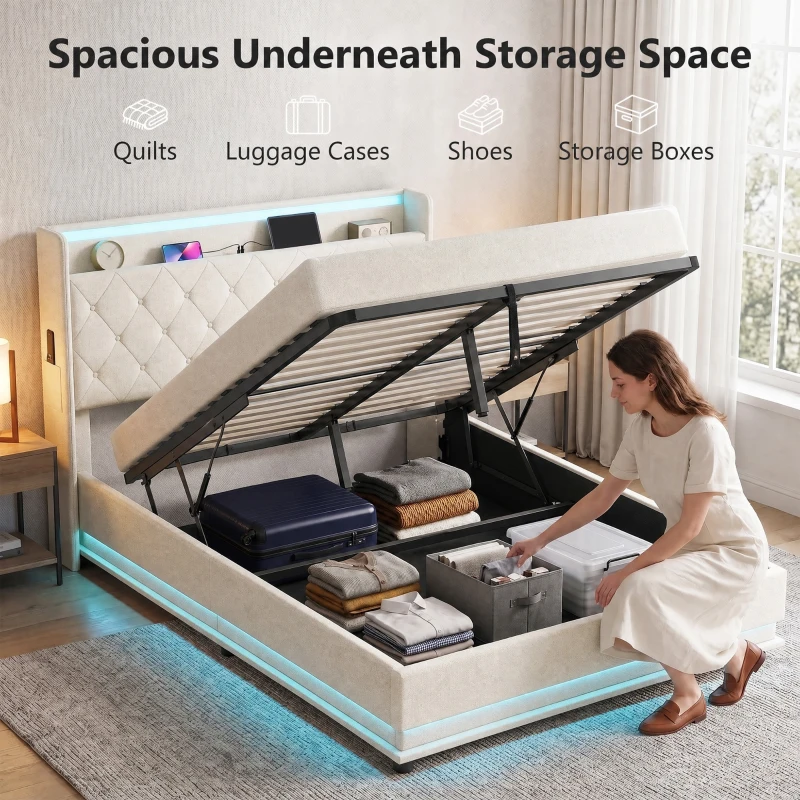 HOMCOM 4ft6 Double Bed Frame with Headboard, Platform Bed Frame with Hydraulic Storage, LED Lights and Charging Station, Cream
