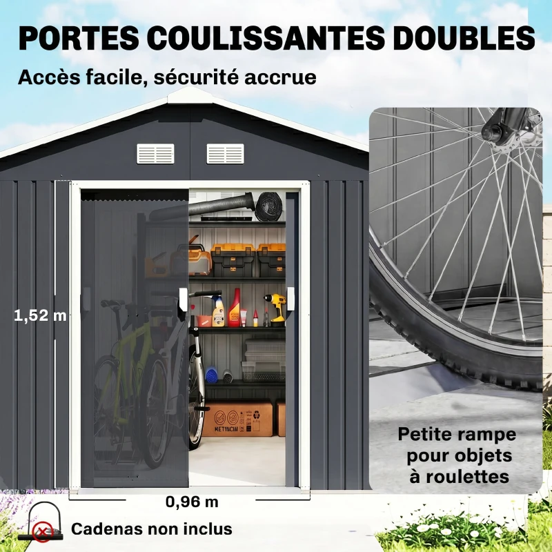 Outsunny Abri de jardin 8,3 m² 322 x 277 x 192 cm kit de fondation incluse porte coulissante ventilations tôle acier gris foncé
