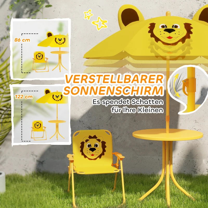 AIYAPLAY Kindertuinmeubelset, Stoelen, Tafel, Parasol, Leeuwendesign, Geel