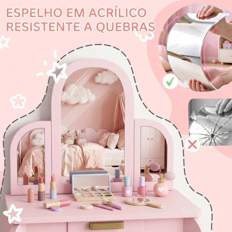 HOMCOM Toucador para Crianças com Espelho e Banco Toucador de Maquilhagem para Crianças de 3 a 6 Anos 52x32x85 cm Rosa