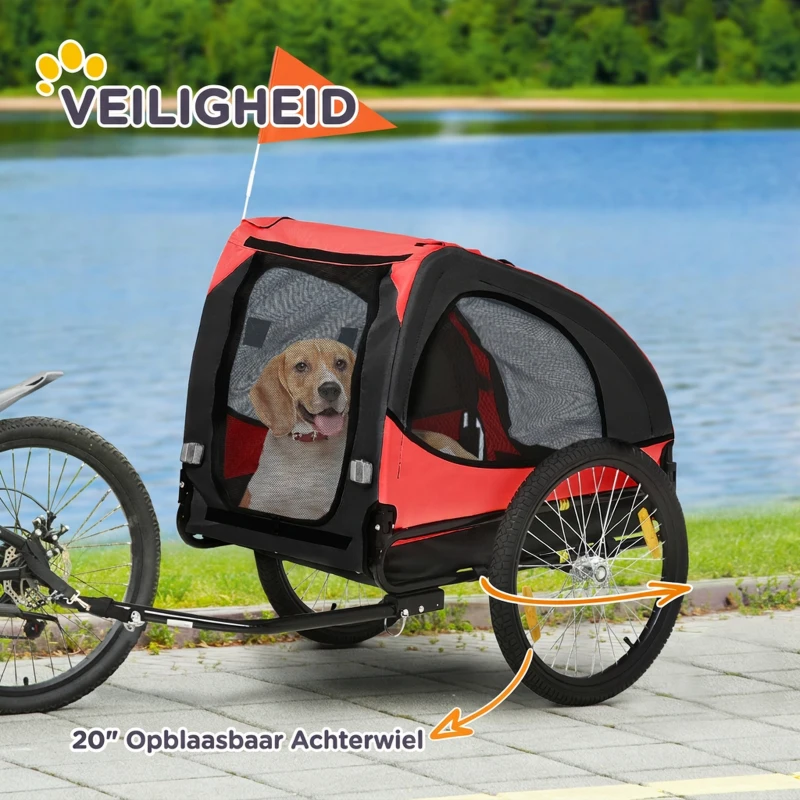 PawHut Opvouwbare Hondenaanhanger, Fietsaanhangwagen voor Honden, Waterbestendig, Oxford-stof, Metaal, 140 x 71 x 83 cm, Rood