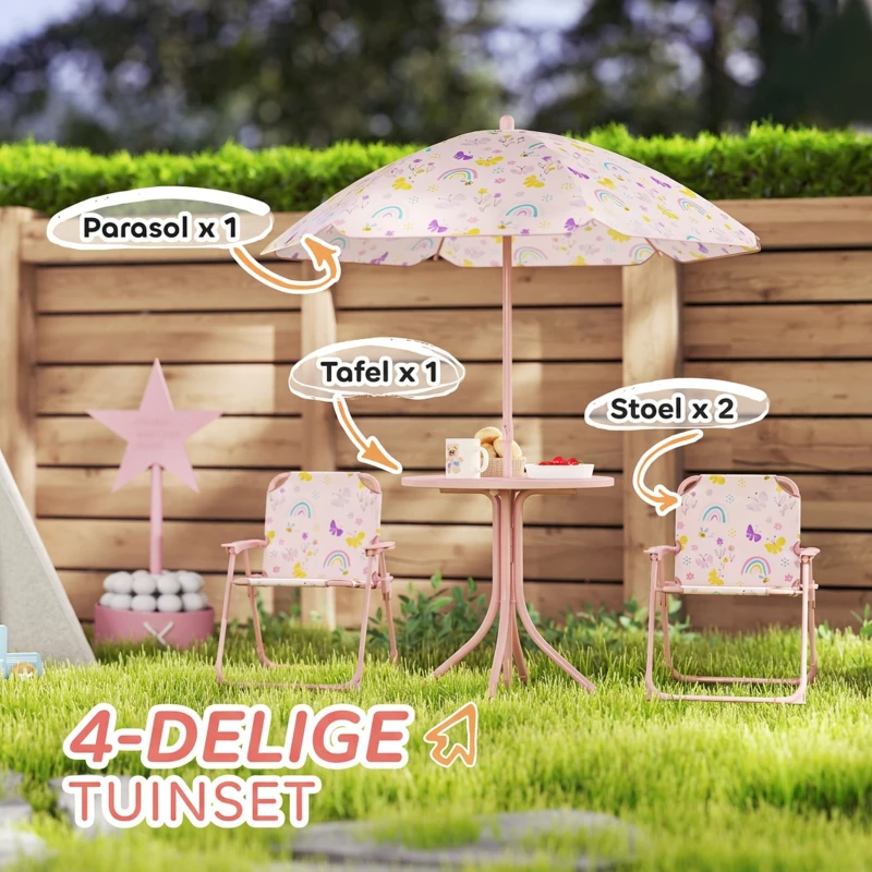 AIYAPLAY Kinderhoekje, Opvouwbare Stoelset met Parasol, Vrolijk Patroon, Roze