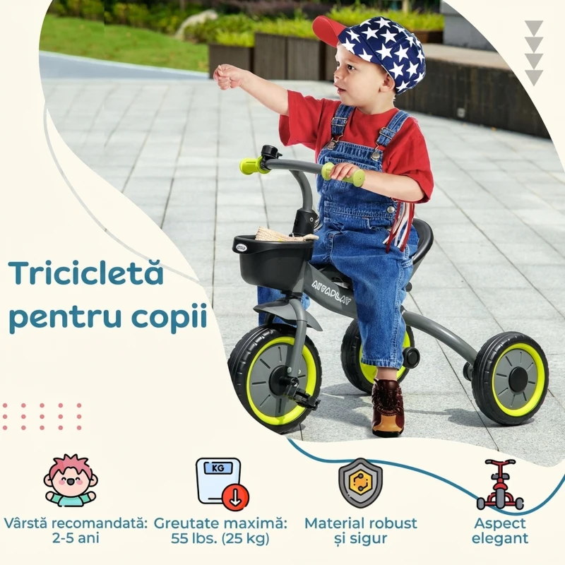 AIYAPLAY Triciclu pentru copii 2-5 ani cu șezut reglabil și clopoțel, 70.5x50x58cm, negru