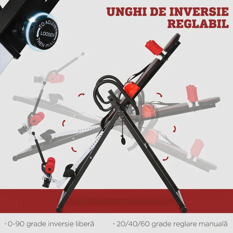 HOMCOM Bancă de Inversiune cu Unghi și Înălțime Reglabile și Tetieră, din Oțel și Plastic, 79x114x153 cm, Roșu și Negru