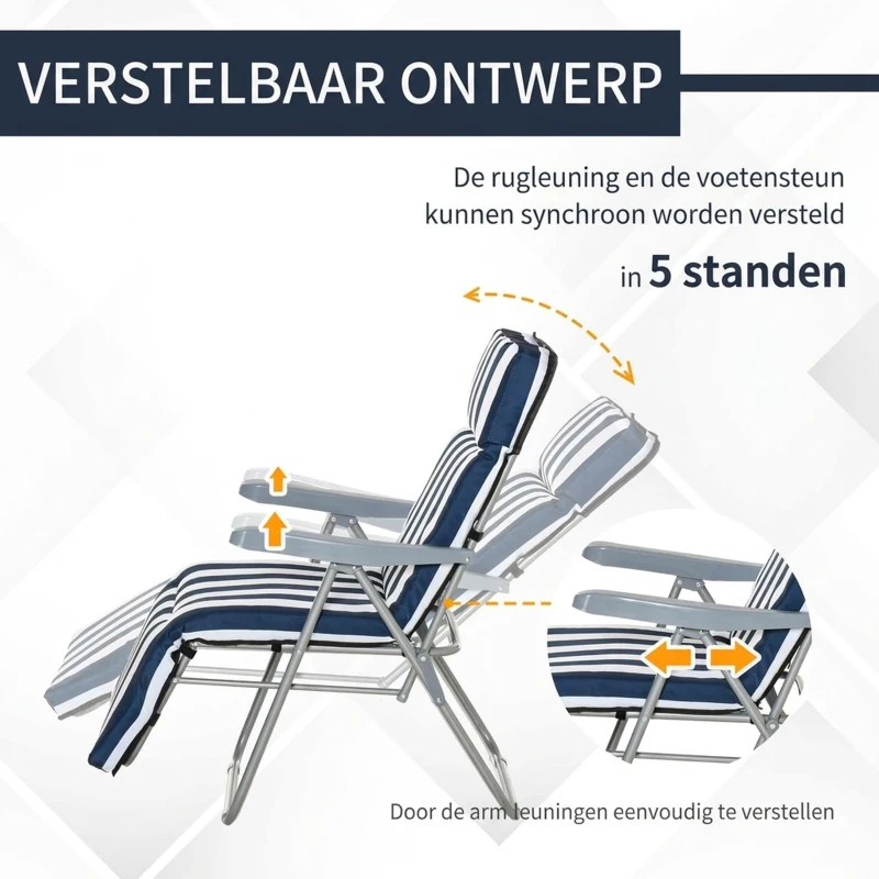 Outsunny Tuinstoel 2x Inklapbaar 60x75x104cm, Verstelbare Rugleuning, 5 Standen, Blauw Wit