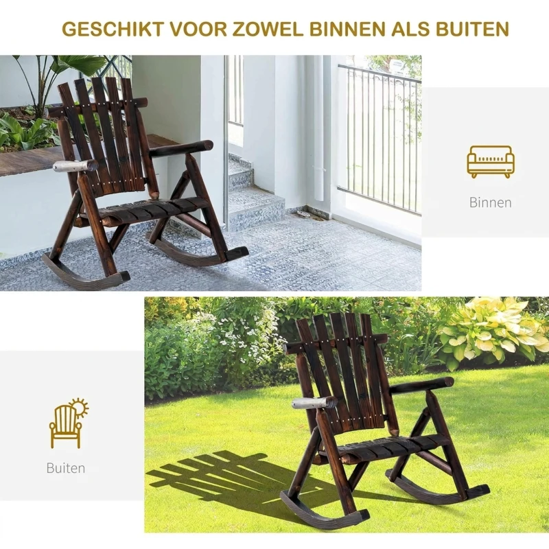 Outsunny schommelstoel met armleuningen, weerbestendig, massief hout donkerbruin