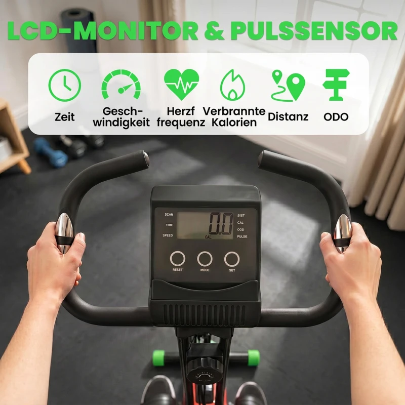 HOMCOM 2-in-1 Klappbarer Heimtrainer, 8 Stufen einstellbarer Magnetwiderstand, Fitnessrad mit Herzfrequenzsensor, Armstrecker, LCD-Bildschirm, 2,5 kg Schwungrad, grün