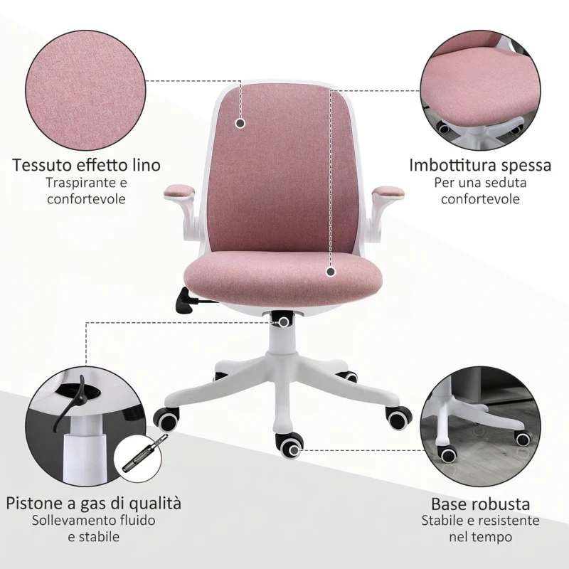 Vinsetto Sedia da Ufficio Ergonomica ad Altezza Regolabile, in Tessuto Effetto Velluto, 62.5x60x94-104 cm, Bianco e Rosa