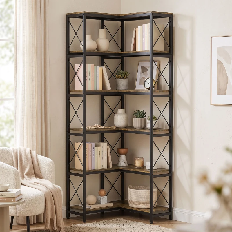 HOMCOM Bibliothèque d'angle à 6 niveaux, meuble de rangement en métal pour salon, chambre, bureau, 60x60x200cm, brun rustique